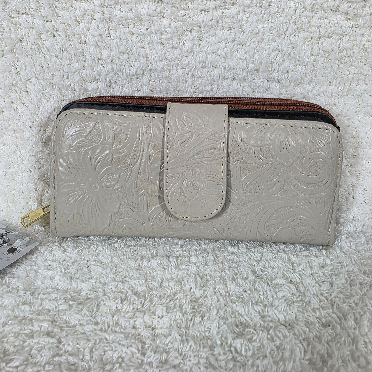 Stone Gray Floral Embossed Leather Tab Closure Wallet