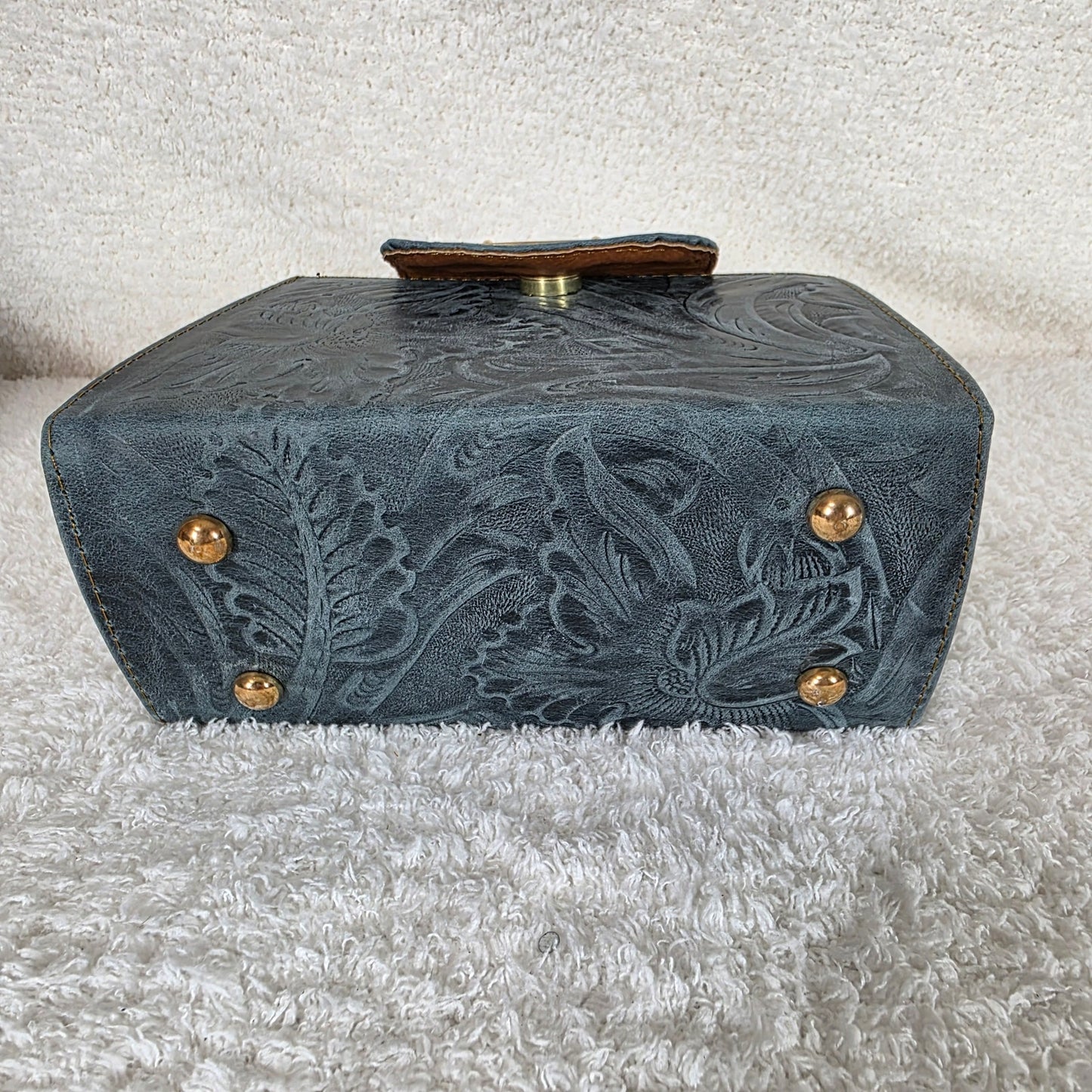 Teal Green Floral Embossed Leather Mini Bag with Detachable Strap