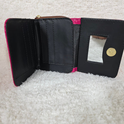 Vibrant Pink Floral Embossed Leather Trifold Wallet with Back Zip Compartment
