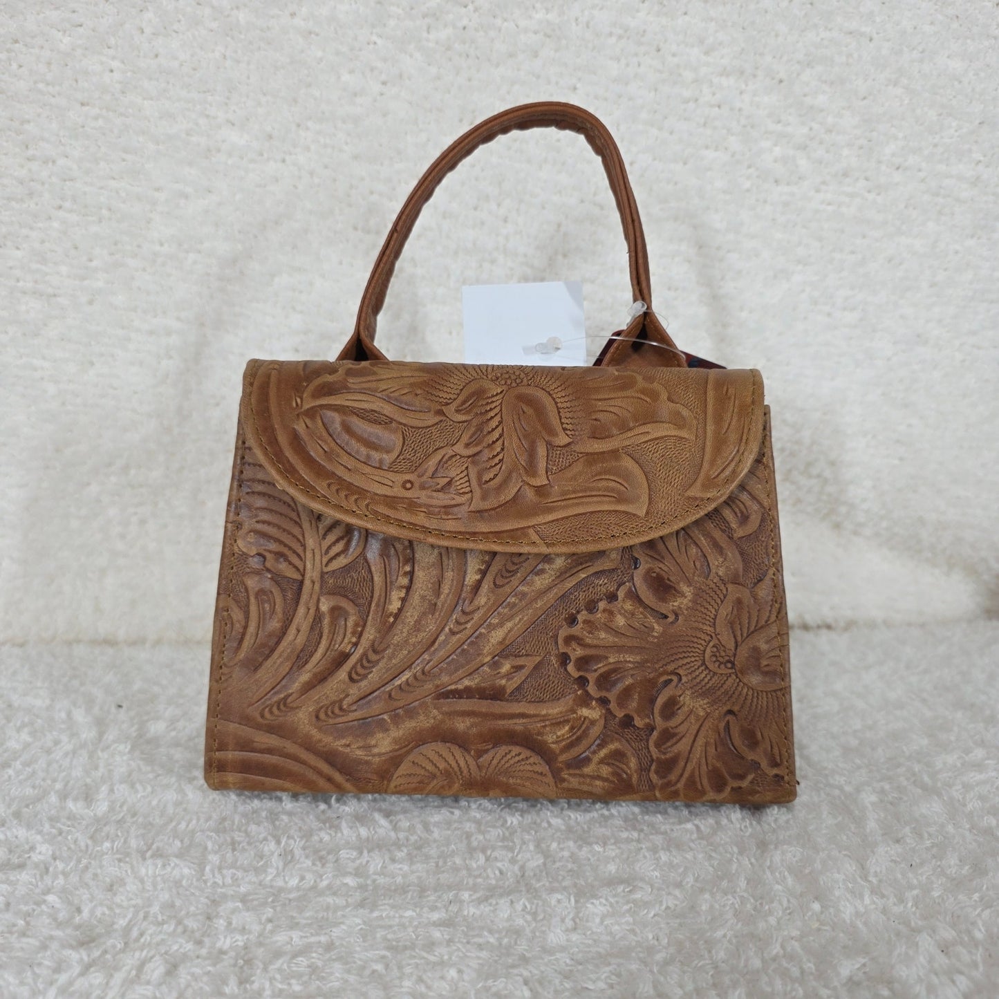 Light Brown Floral Embossed Leather Mini Bag with Detachable Strap