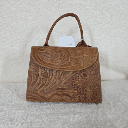 Light Brown Floral Embossed Leather Mini Bag with Detachable Strap
