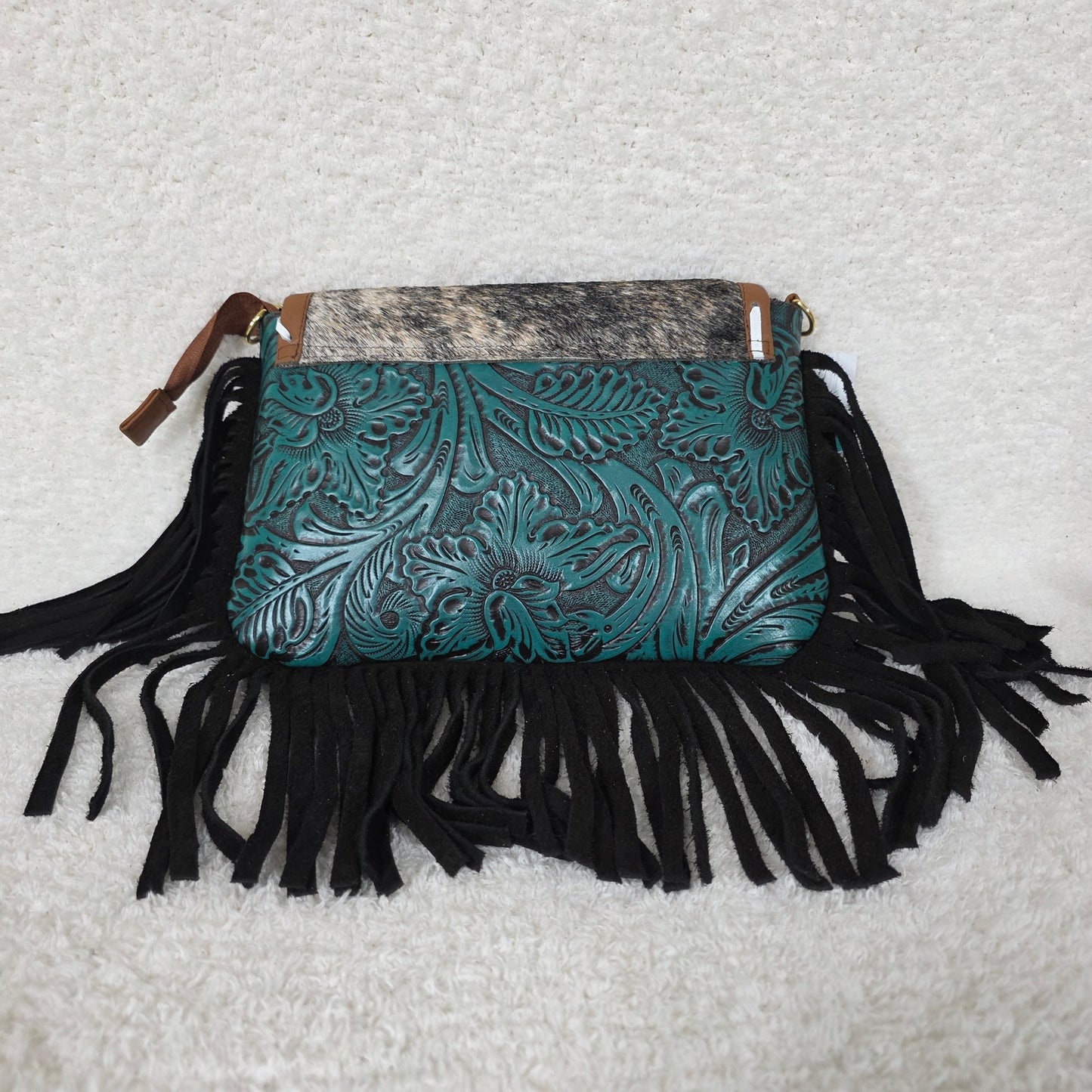 Mexican Green Floral Embossed Leather & Patchwork Cowhide Fringe Crossbody Bag