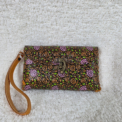 Black Hand-Tooled Leather Pink Roses Wristlet Clutch with Honey Brown Whipstitching — León