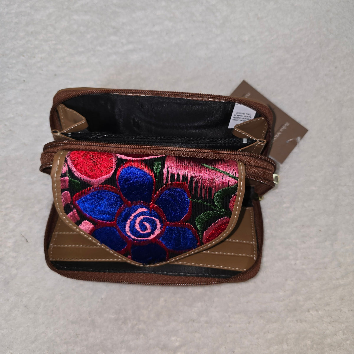 Wallet brown and black interior with colorful floral embroidery  