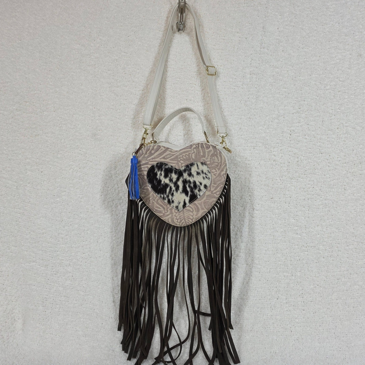 White Hand-Tooled Leather Heart-Shaped Fringe Crossbody Bag — Handmade in Mexico
