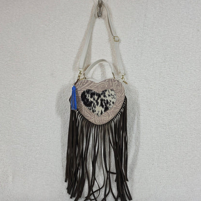 White Hand-Tooled Leather Heart-Shaped Fringe Crossbody Bag — Handmade in Mexico