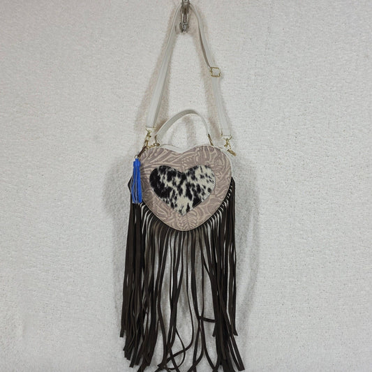 White Hand-Tooled Leather Heart-Shaped Fringe Crossbody Bag — Handmade in Mexico