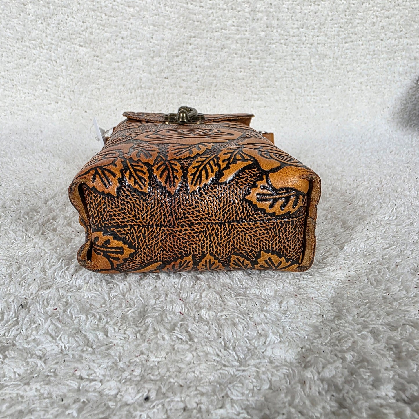 Honey Brown Roses Embossed Leather Cell Phone Bag - Handcrafted in Mexico