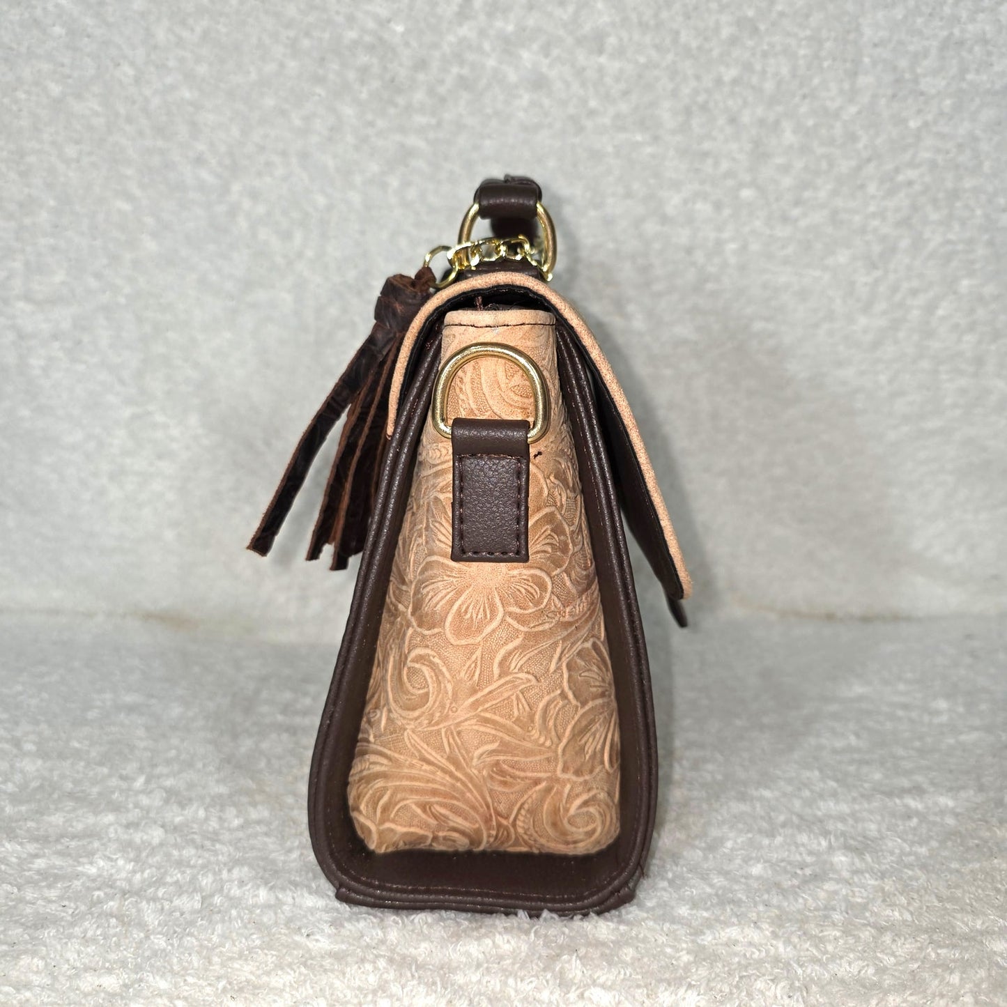 Handcrafted Mexican Floral Embossed Pinkish Tan Genuine Leather Top-Handle Bag