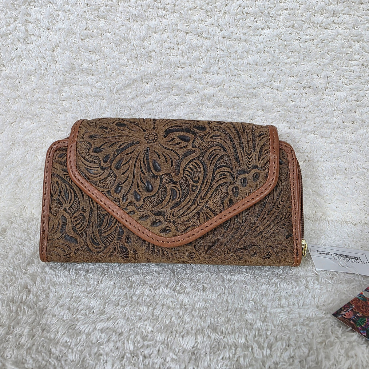 Distressed Brown Floral Embossed Leather Convertible Wallet Crossbody — Handmade in León, Mexico