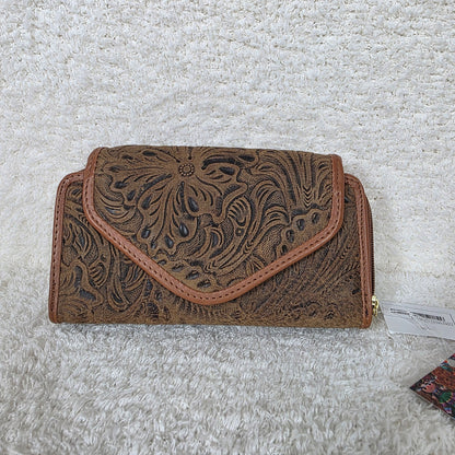 Distressed Brown Floral Embossed Leather Convertible Wallet Crossbody — Handmade in León, Mexico