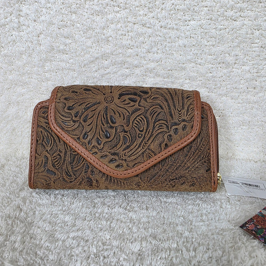 Distressed Brown Floral Embossed Leather Convertible Wallet Crossbody — Handmade in León, Mexico