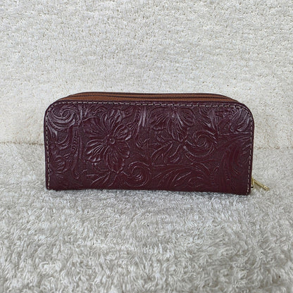 Burgundy Floral Embossed Genuine Leather Double Zip Wallet — Handmade in León, Guanajuato