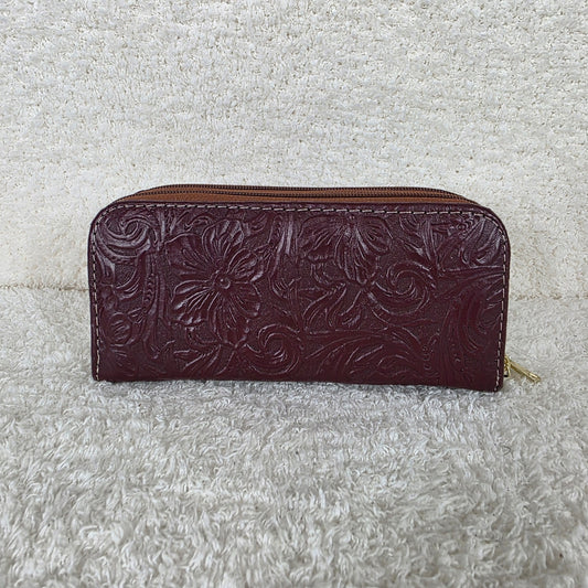 Burgundy Floral Embossed Genuine Leather Double Zip Wallet — Handmade in León, Guanajuato