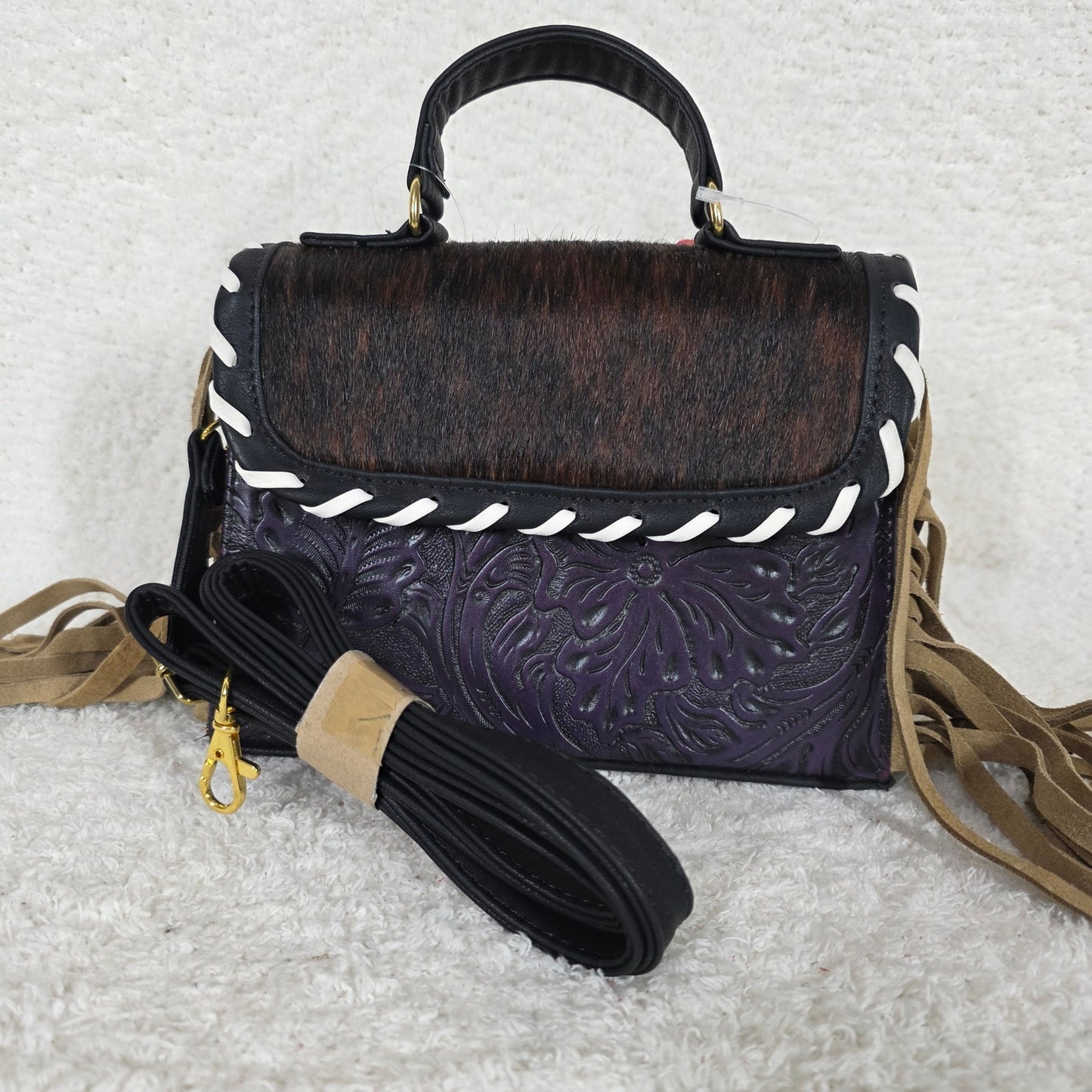 Handcrafted Purple Embossed Vegan Leather & Cowhide Hair-On Fringe Top Handle Bag