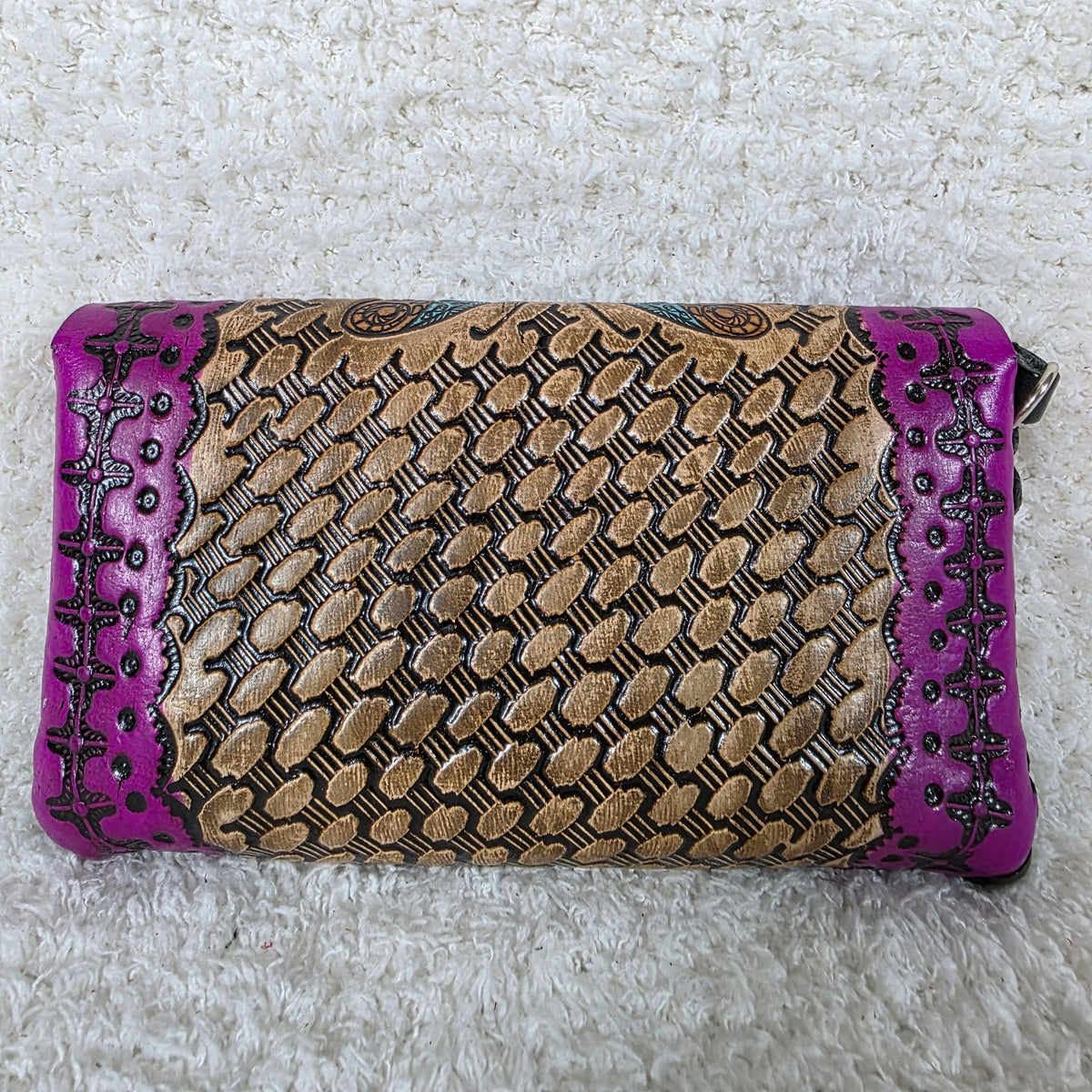 Mexican Hand-Tooled Leather Butterfly & Calla Lily Wristlet Clutch — Tan & Magenta