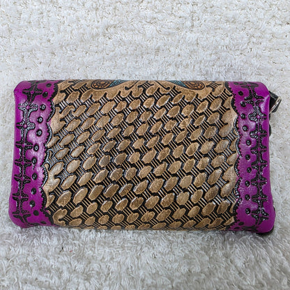 Mexican Hand-Tooled Leather Butterfly & Calla Lily Wristlet Clutch — Tan & Magenta