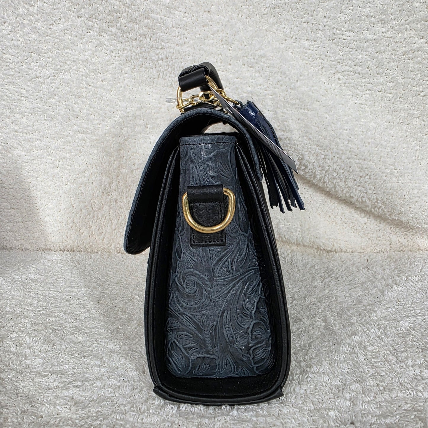 Handcrafted Mexican Floral Embossed Navy Blue Genuine Leather Top-Handle Bag