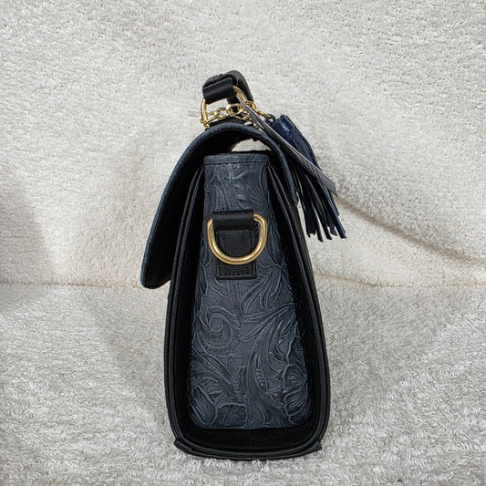 Handcrafted Mexican Floral Embossed Navy Blue Genuine Leather Top-Handle Bag
