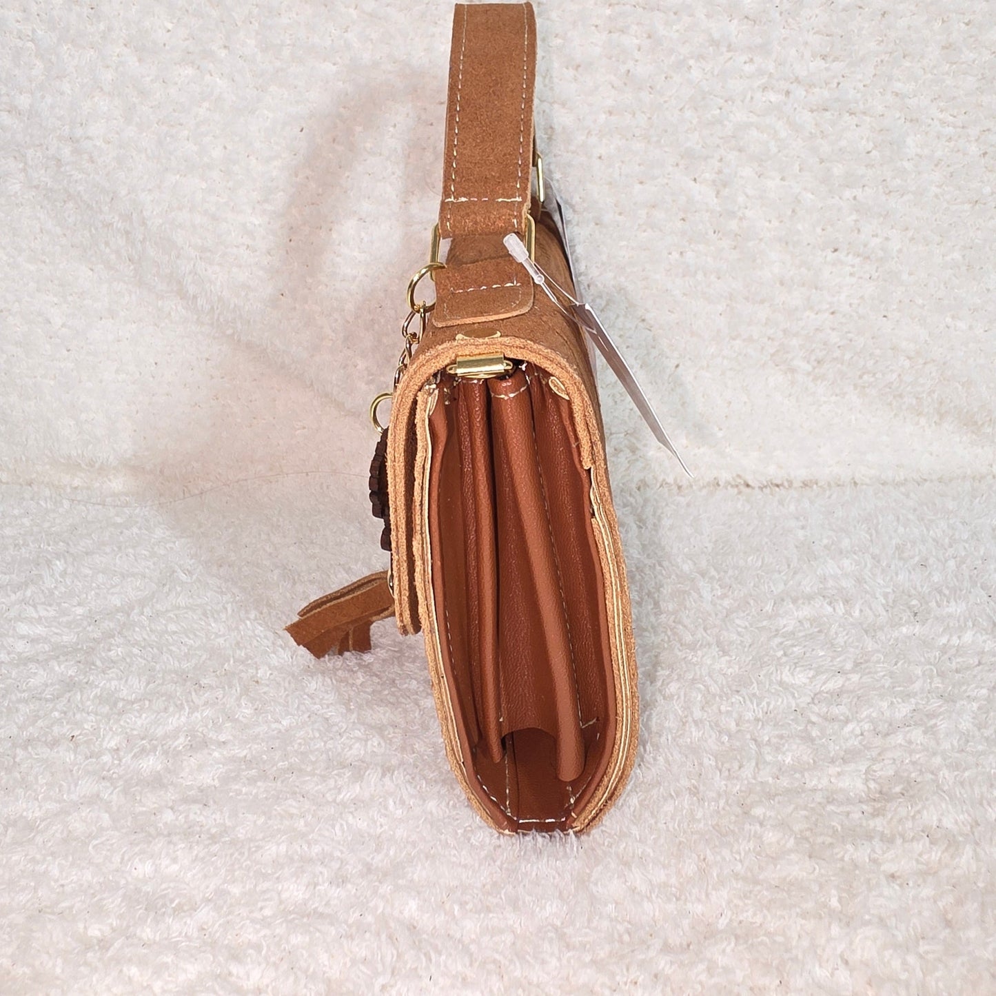 Handcrafted Embossed Floral Design Golden Brown Suede Leather Crossbody Bag