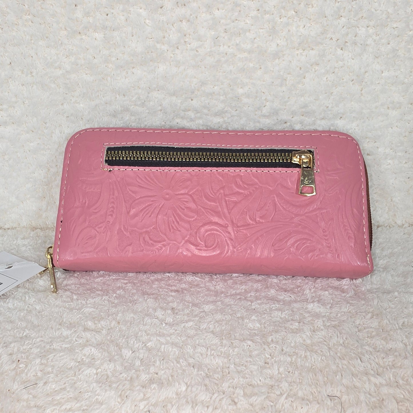 Pink Floral Embossed Leather Double Zip Wallet