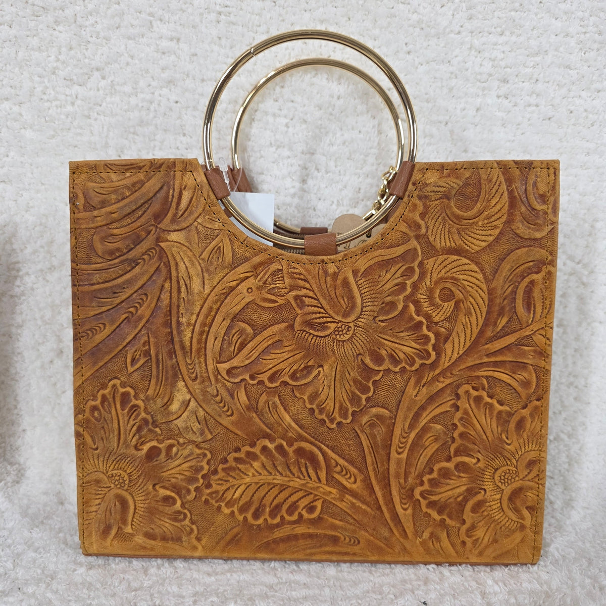 Mexican Chiapas Loom Honey Brown Tooled Leather Bag with Gold Tone Ring Handles