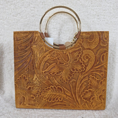 Mexican Chiapas Loom Honey Brown Tooled Leather Bag with Gold Tone Ring Handles