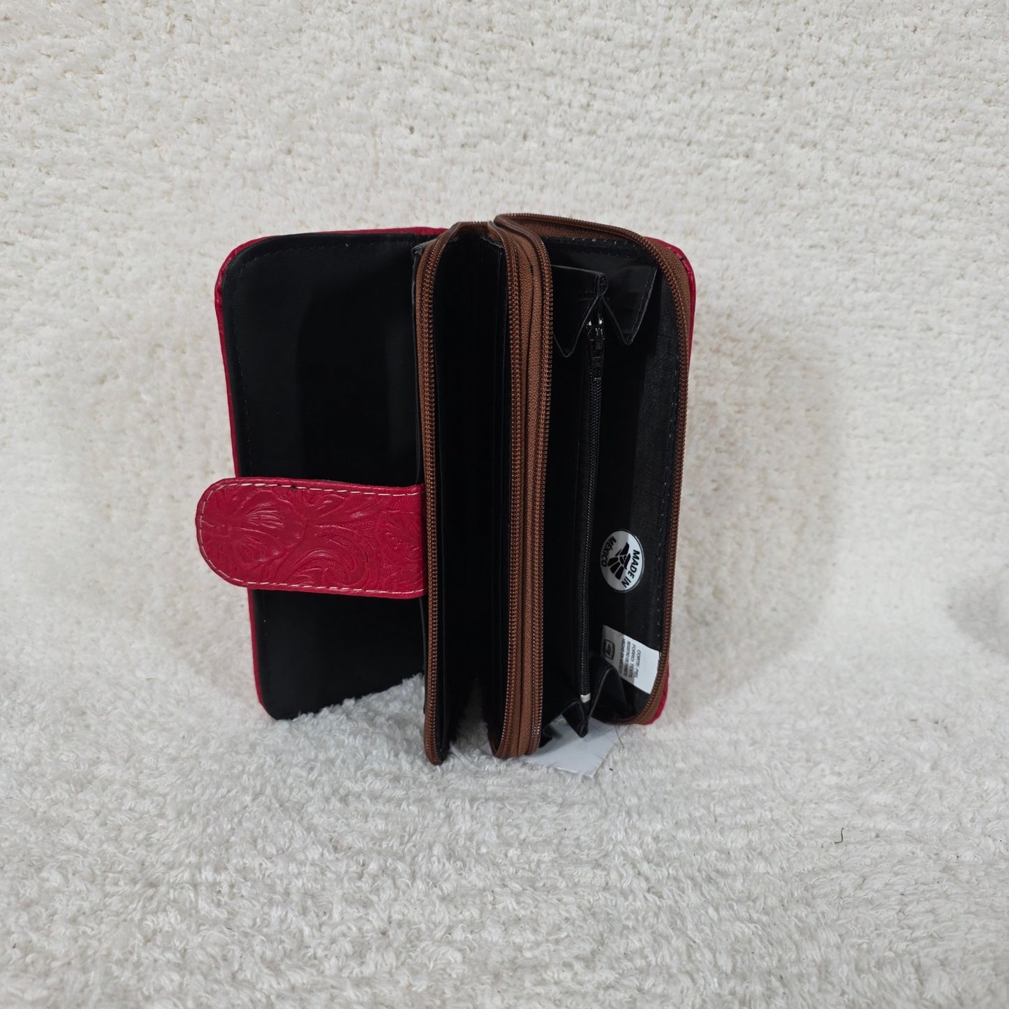 Red Floral Embossed Leather Tab Closure Wallet