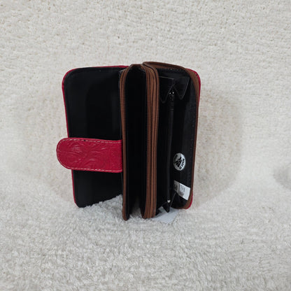 Red Floral Embossed Leather Tab Closure Wallet