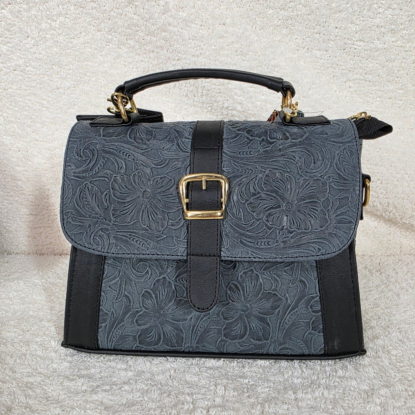 Handcrafted Mexican Floral Embossed Navy Blue Genuine Leather Top-Handle Bag