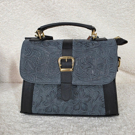 Navy Blue Floral Embossed Genuine Leather Top-Handle Bag — Handmade in León, Guanajuato, Mexico