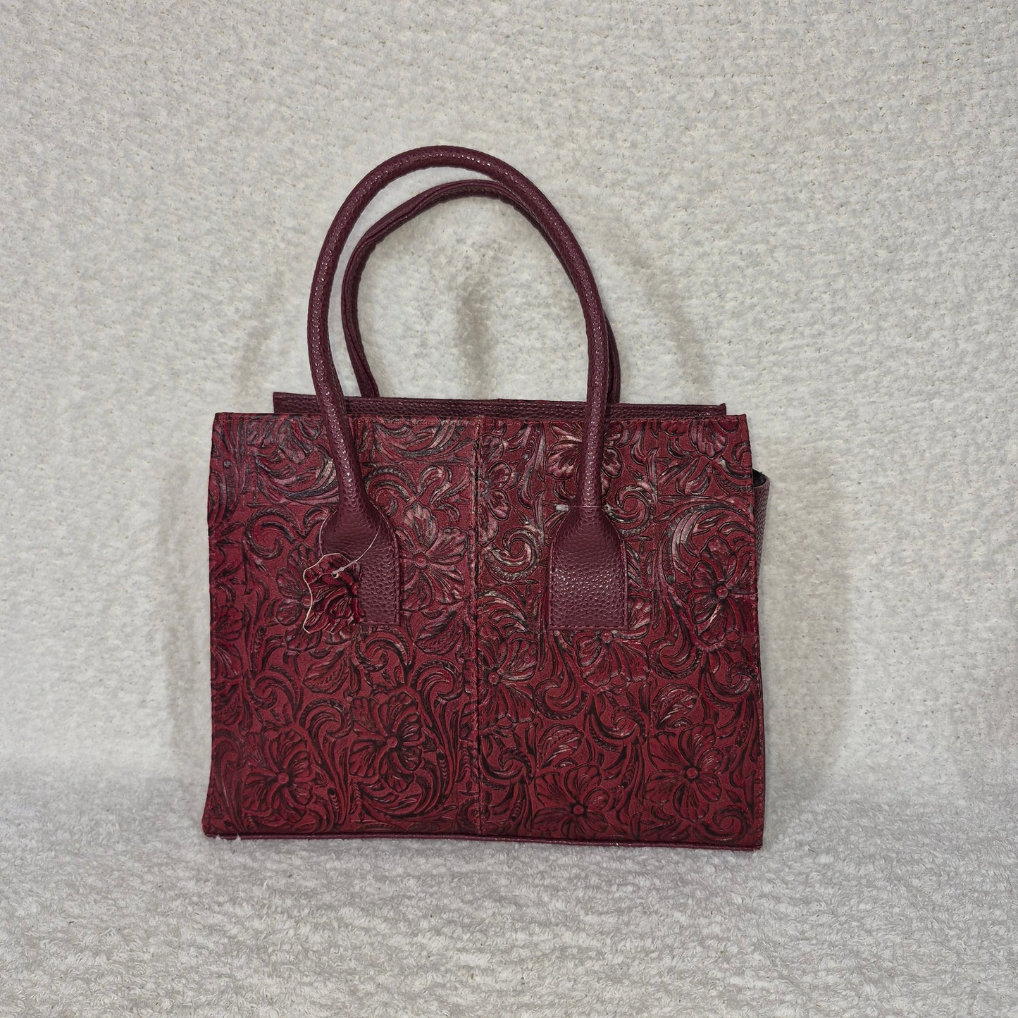 Handcrafted Mexican Burgundy Red Floral Embossed Leather Tote