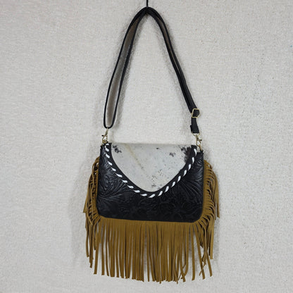 Mexican Black Embossed Tooled Leather & Cowhide Fringe Crossbody Bag