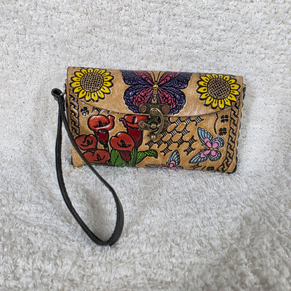 Mexican Hand-Tooled Leather Butterflies & Red Alcatraz Calla Lily Flowers Tan Clutch Wristlet Bag