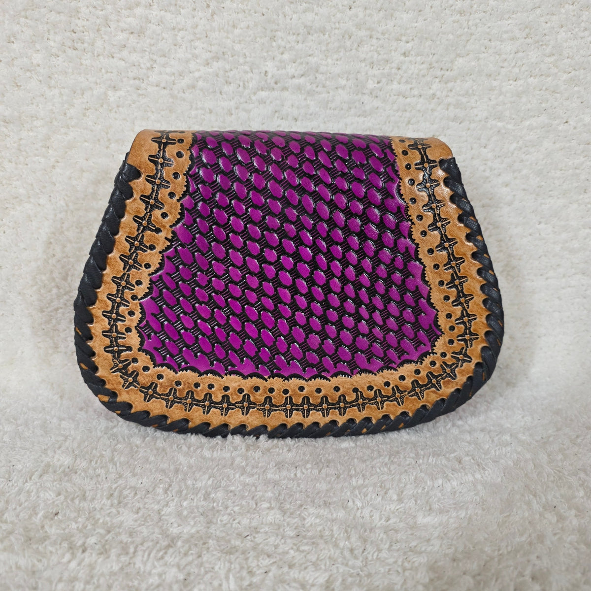 Mexican Hand-Tooled Leather Rose & Butterfly Purple Crossbody Bag