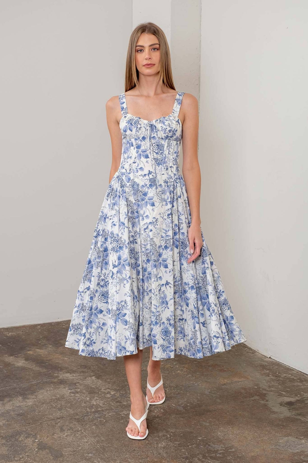 Moon River Ivory & Blue Toile Floral Sleeveless Corset Midi Dress