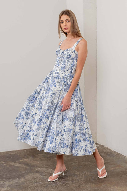 Moon River Ivory & Blue Toile Floral Sleeveless Corset Midi Dress
