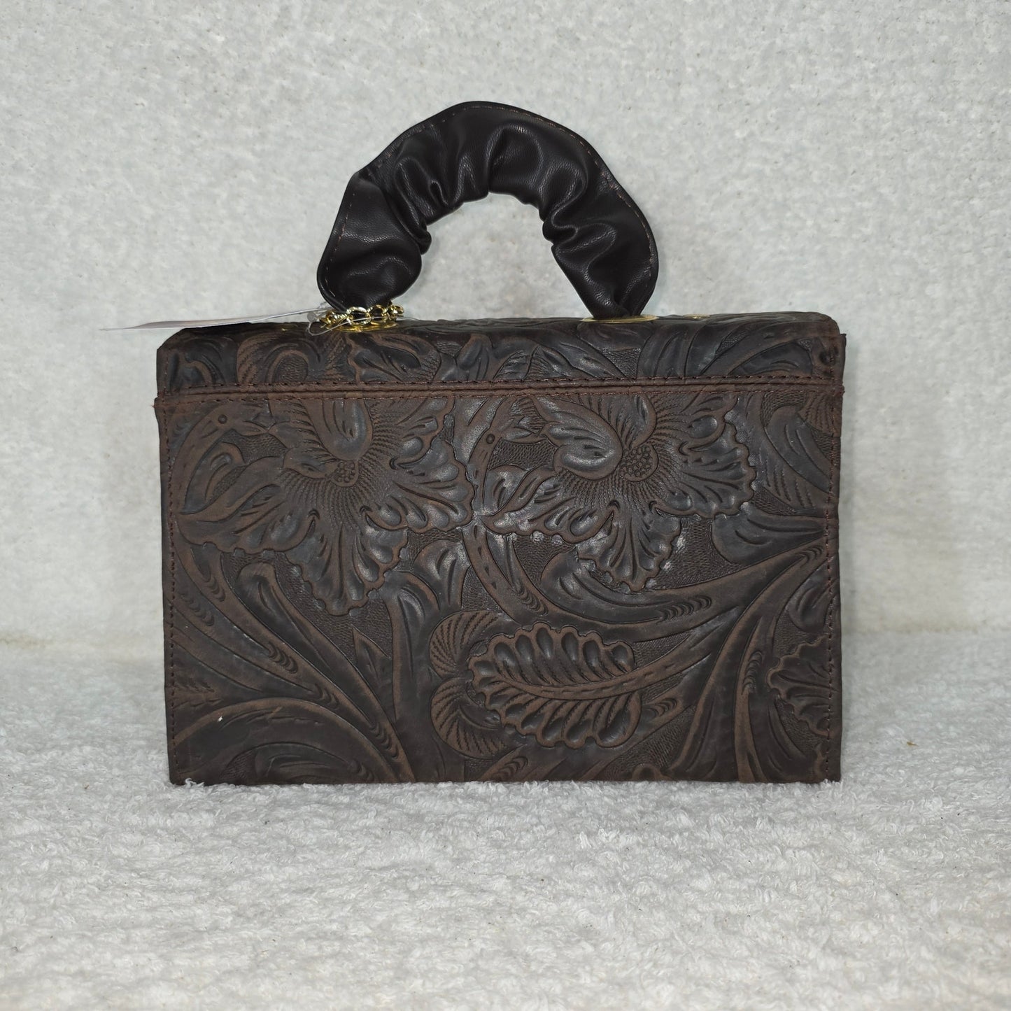 Handcrafted Mexican Floral Embossed Dark Brown Genuine Leather Top-Handle Bag