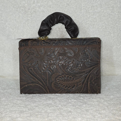 Handcrafted Mexican Floral Embossed Dark Brown Genuine Leather Top-Handle Bag