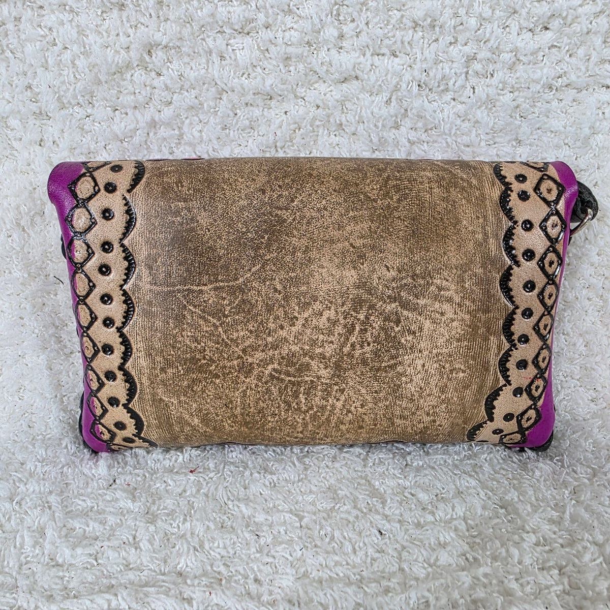 Mexican Hand-Tooled Leather Butterflies & Flowers Tan & Purple Wristlet Clutch Bag