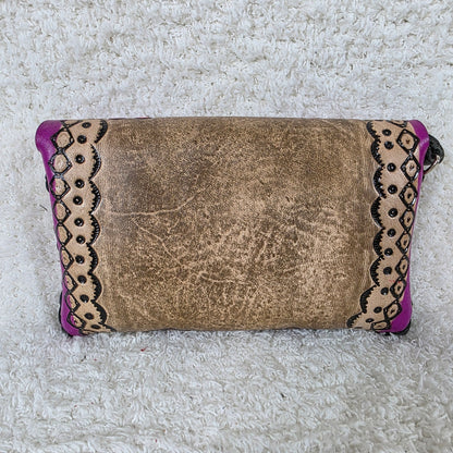 Mexican Hand-Tooled Leather Butterflies & Flowers Tan & Purple Wristlet Clutch Bag