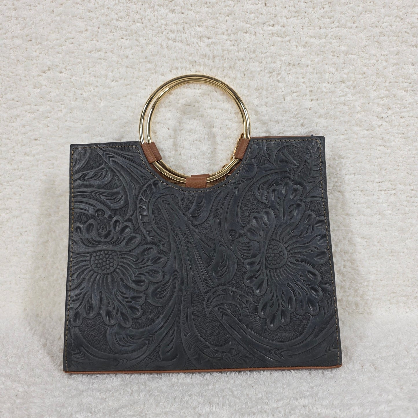 Handcrafted Mexican Ash Black Tooled Leather Handbag with Gold-Tone Ring Handles