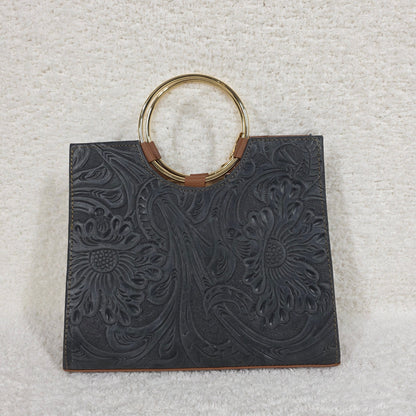 Handcrafted Mexican Ash Black Tooled Leather Handbag with Gold-Tone Ring Handles