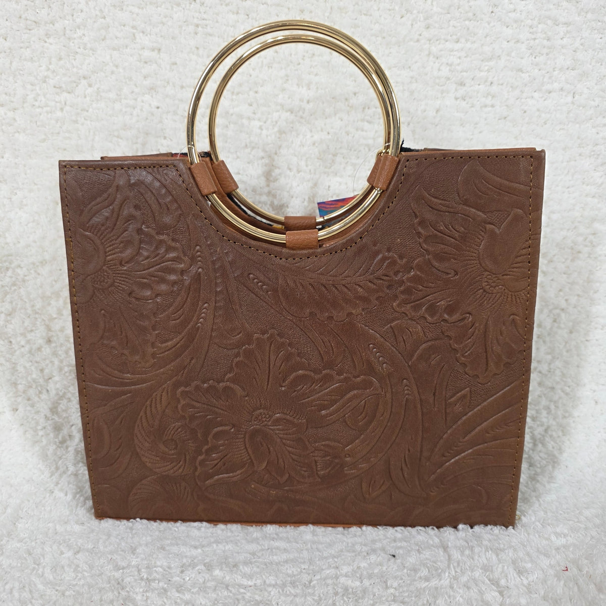 Handcrafted Mexican Brown Tooled Leather Handbag with Chiapas Loom Detail & Gold-Tone Ring Handles