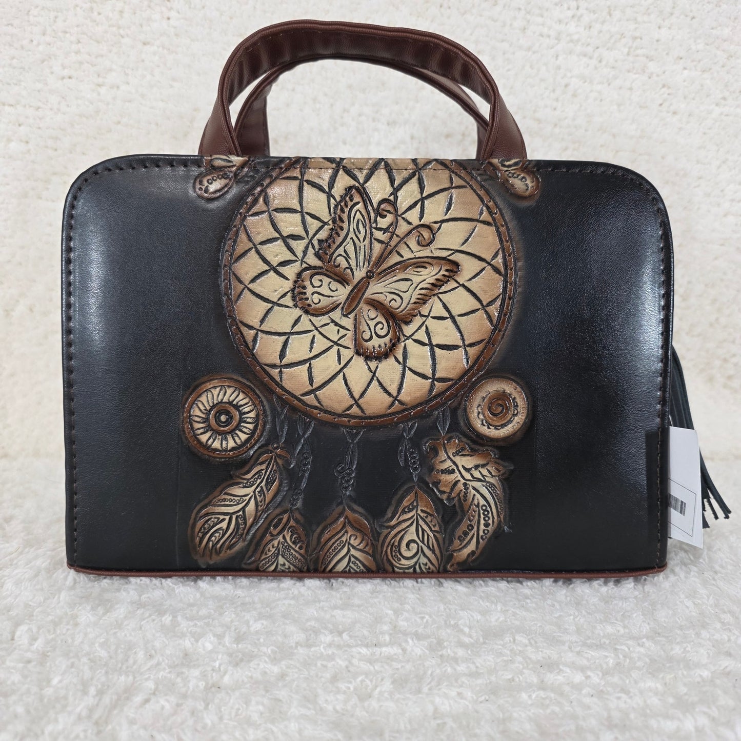 Black & Brown Dreamcatcher Embossed & Hand Painted Mexican Vegan Leather Crossbody Handbag