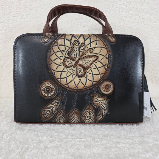 Black & Brown Dreamcatcher Embossed & Hand Painted Mexican Vegan Leather Crossbody Handbag