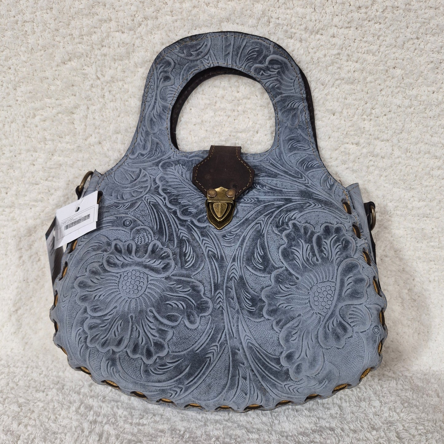 Hand-Tooled Blue Floral Genuine Leather Saddle Bag with Brown Whipstitching
