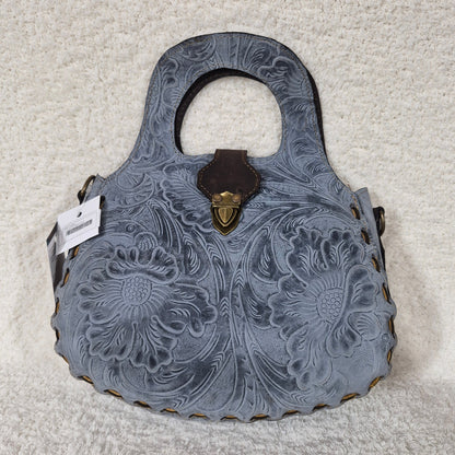 Blue Floral Hand-Tooled Genuine Leather Saddle Bag with Brown Whipstitching — Handmade in León