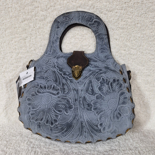 Blue Floral Hand-Tooled Genuine Leather Saddle Bag with Brown Whipstitching — Handmade in León