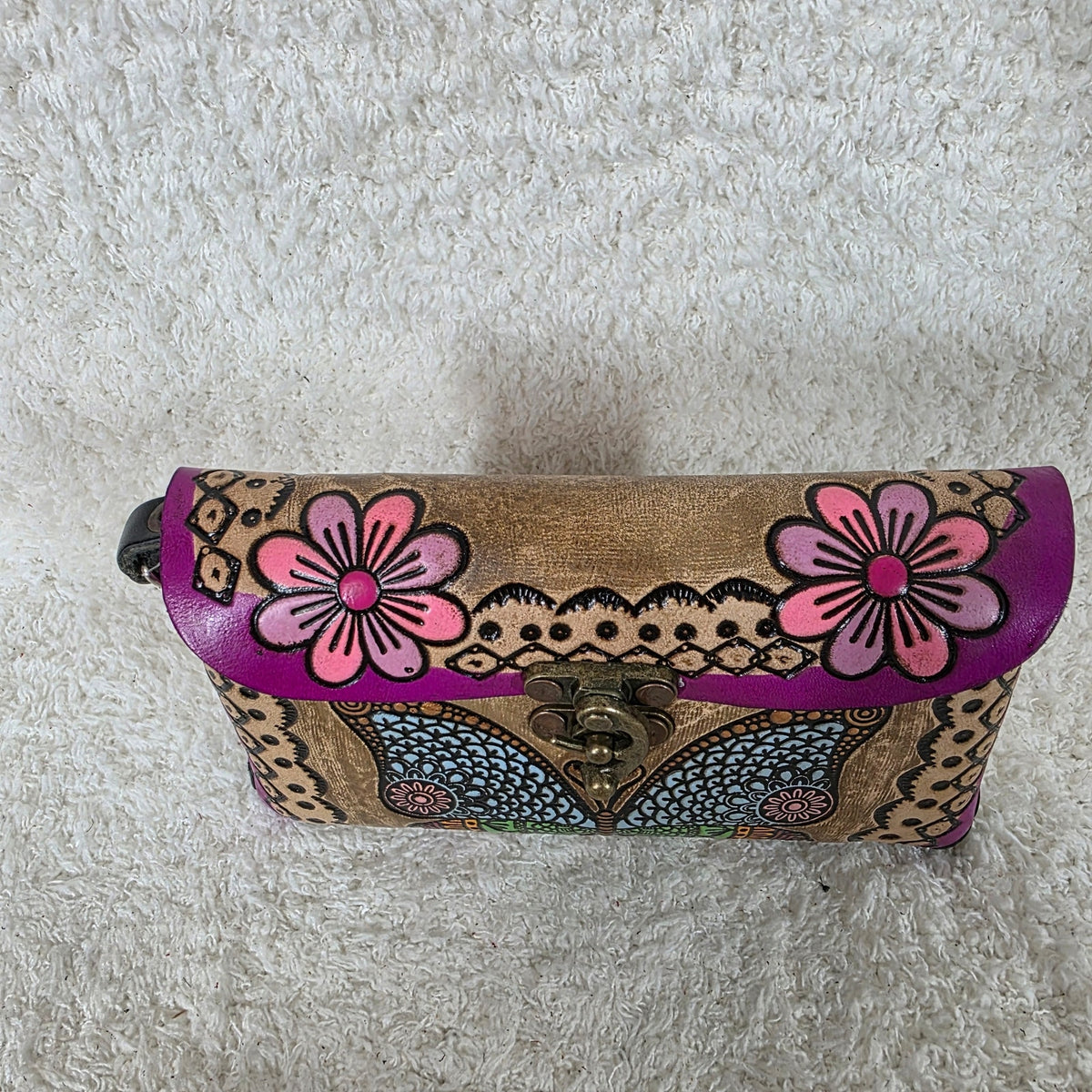 Mexican Hand-Tooled Leather Butterflies & Flowers Tan & Purple Wristlet Clutch Bag